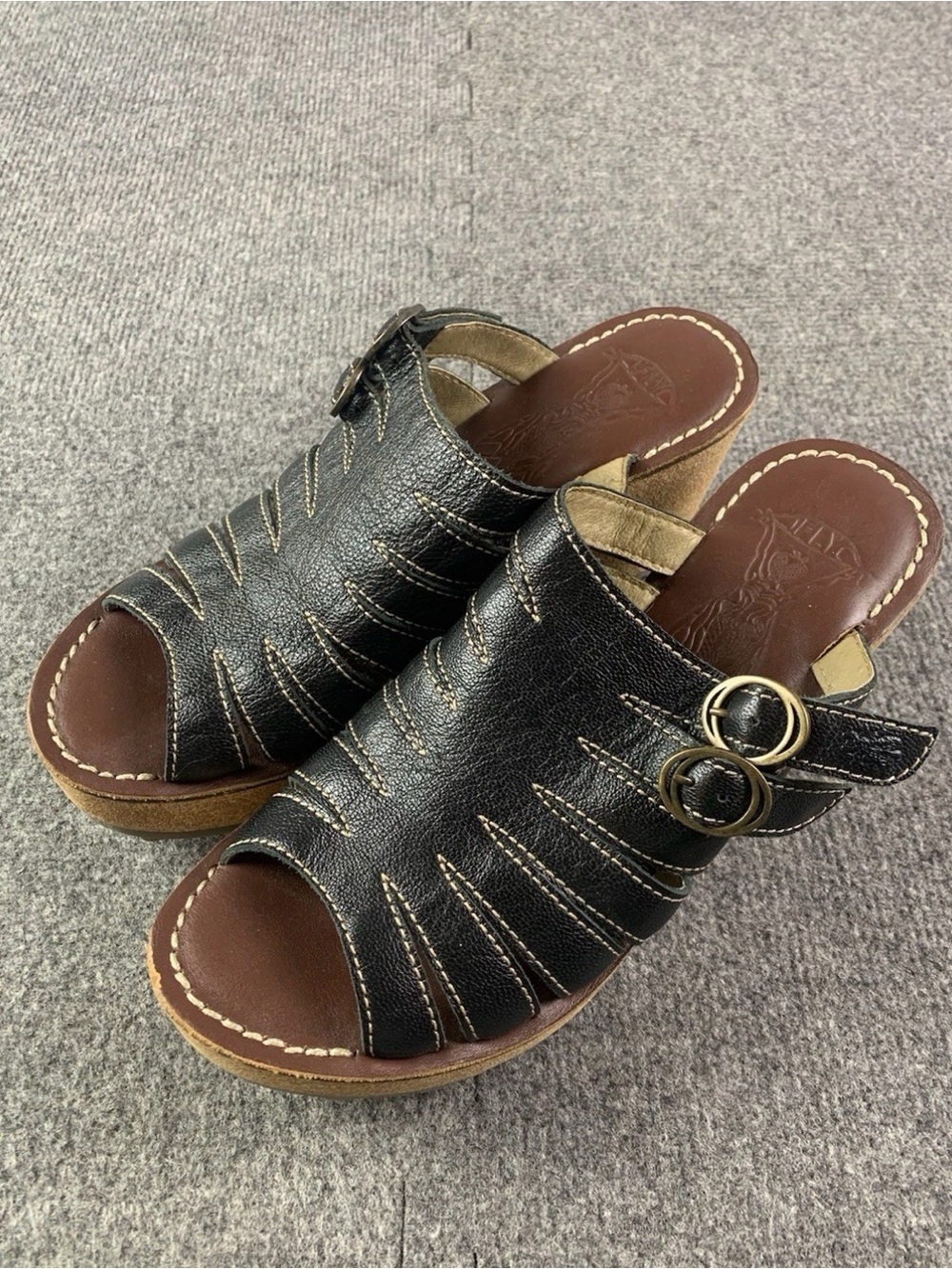 Fly London Womens Leather Strap Wedge Platform Sandals Size 42 Black